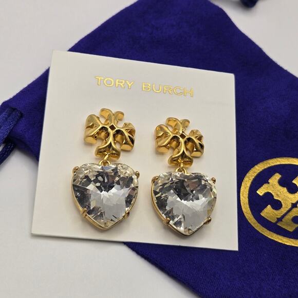 NEW Tory Burch Roxanne Czech Stone Heart Drop Earrings Bold Gold Logo Statement - Picture 4 of 7